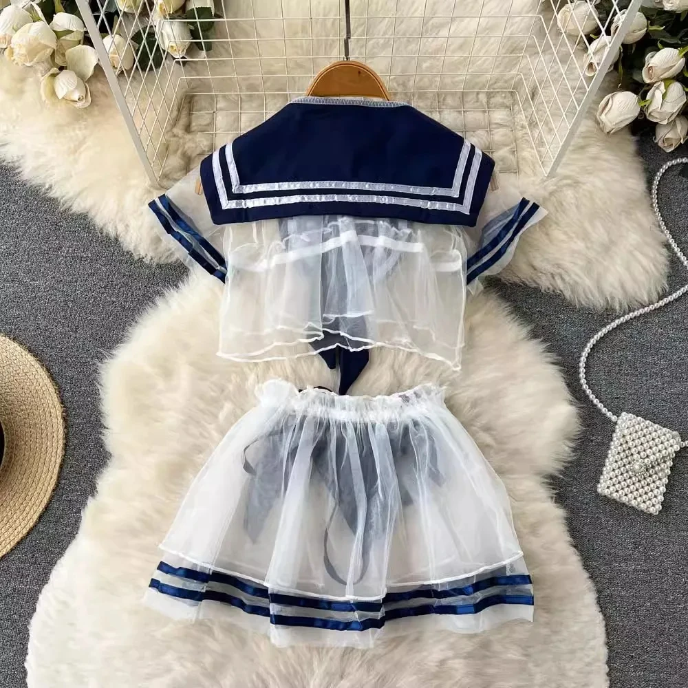 See Through White Lace Skirt Sets Japan Sailor Collar Short Sleeve Crop Top Pleated Mini Skirt Set Hotsweet Cosplay Erotic Wear
