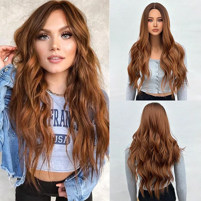 

Парик на всю голову для женщин, средняя часть, длинные вьющиеся волосы, естественная слегка завитая волна воды, термостойкое синтетическое волокно, костюм