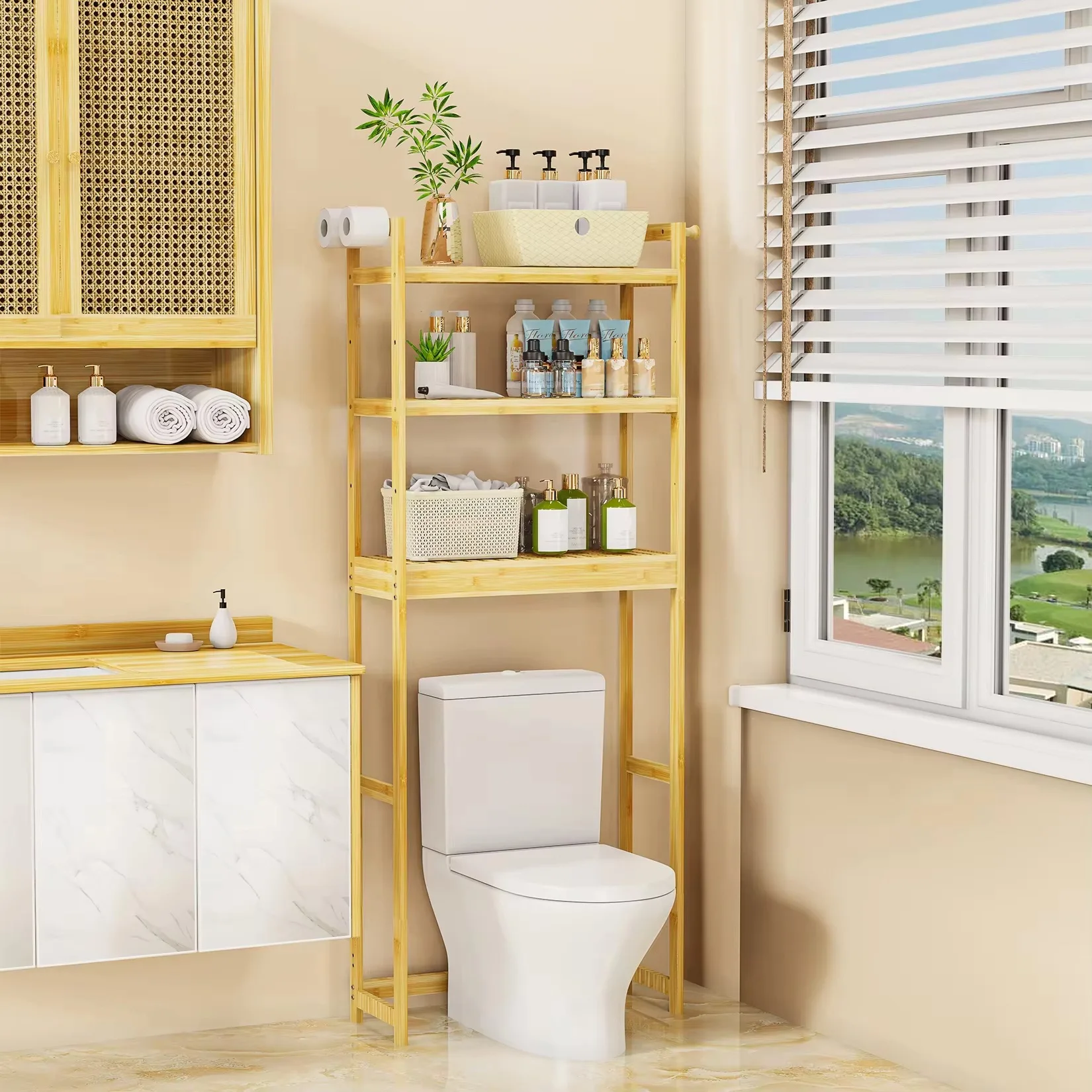 Easy to assemble modern sustainable multifunctional bathroom space saving wall mounted 3 layer bamboo storage rack storage rack