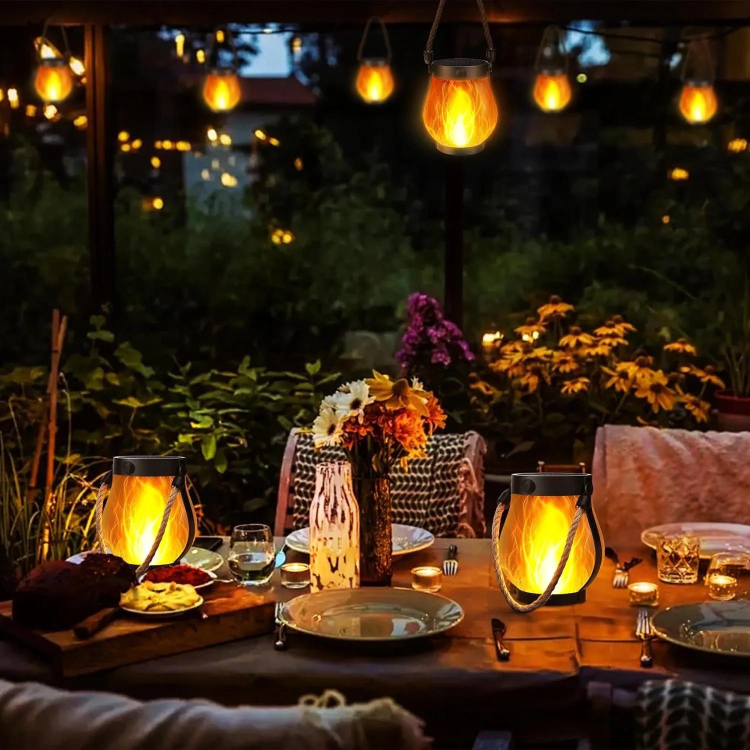 Solar Flame Light Outdoor Waterproof Hemp Rope Hanging Lanterns Solar-Powered Patio Lamp for Landscape Garden Porch Tree 4PCS