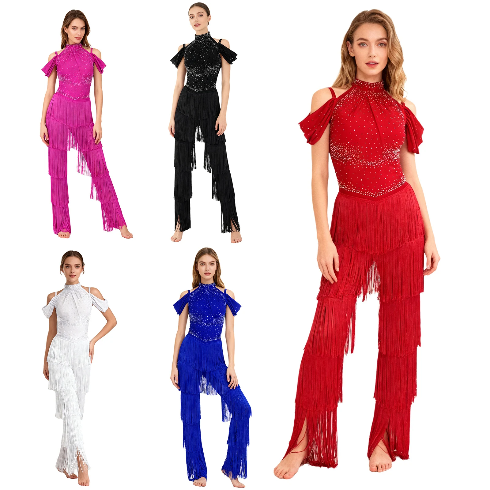

Women Latin Disco Dance Jumpsuit Halter Rhinestones Tiered Tassels Leotard Cha-cha Samba Rumba Tango Salsa Ballroom Dancewear