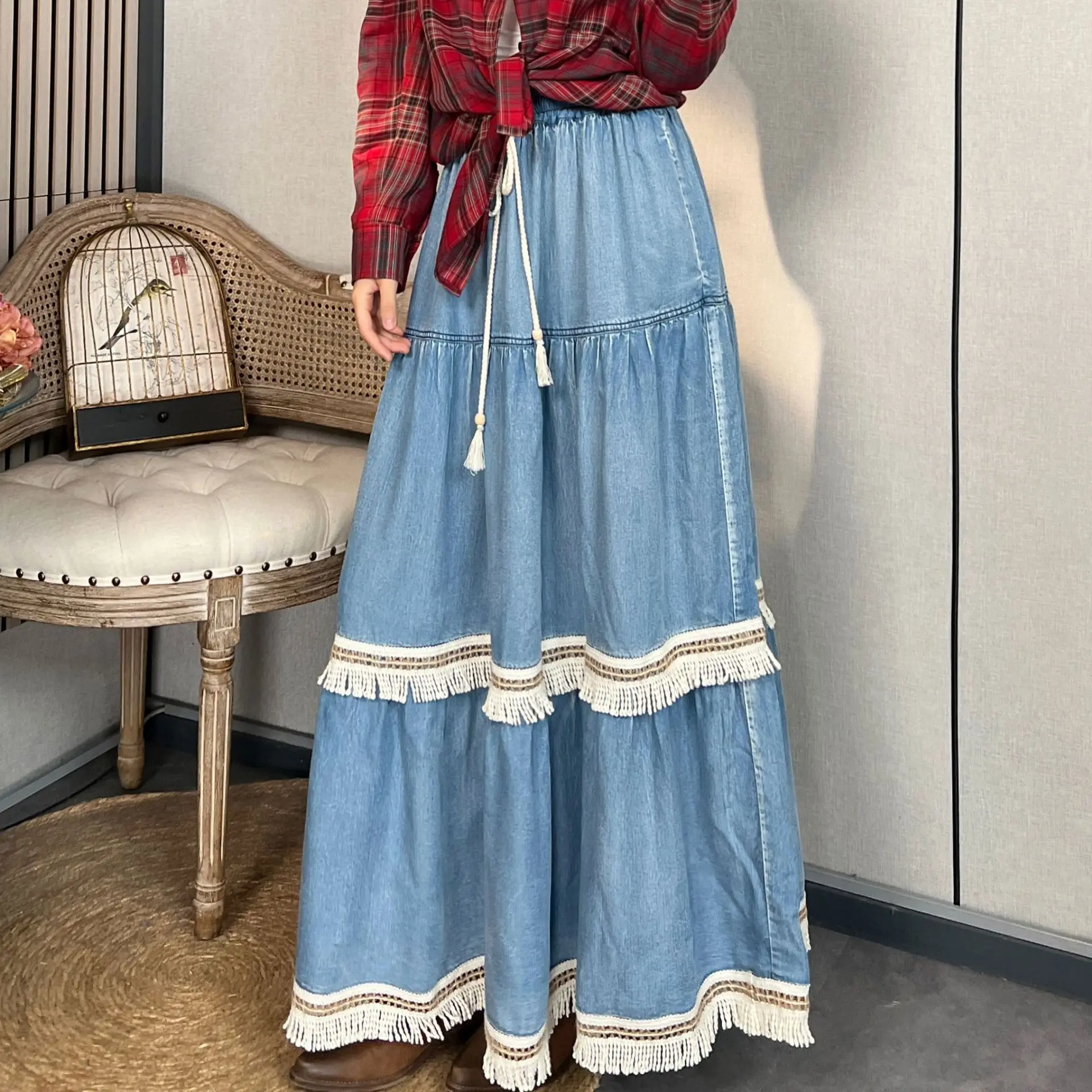

TIYIHAILEY Patchwork Tassels Skirts New Fashion Long Maxi Denim Jeans Women Spring Summer Elastic Waist Skirts 2025 Blue Ladies
