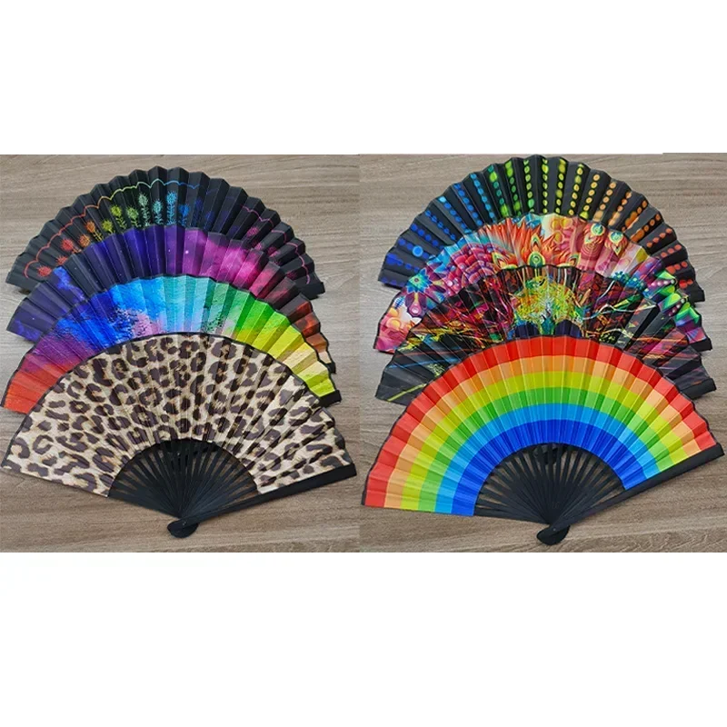 23CM Black Straight National Style Cloth Fan Rainbow Series Abstract Art Style Folding Classic Ancient Style Small Folding Fan