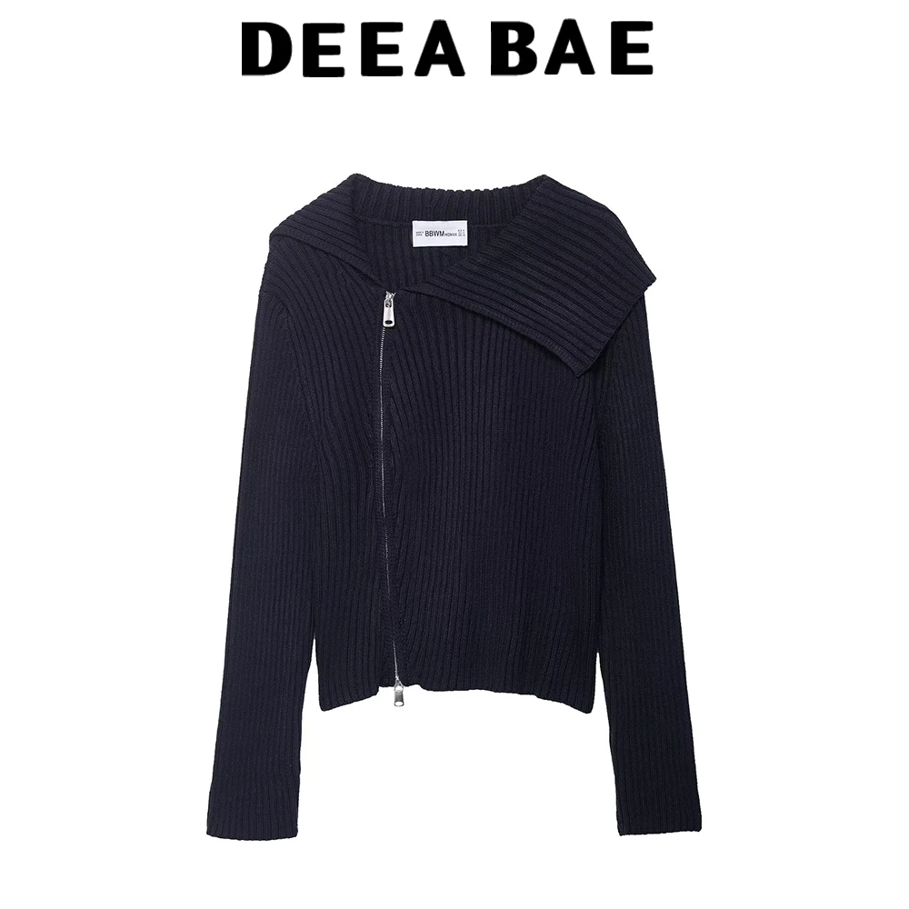 

DEEABAE 2025 Autumn New Product Women's Hot Girl Lazy Style Zipper Ribbed Collar Long Sleeve Knitted Coat