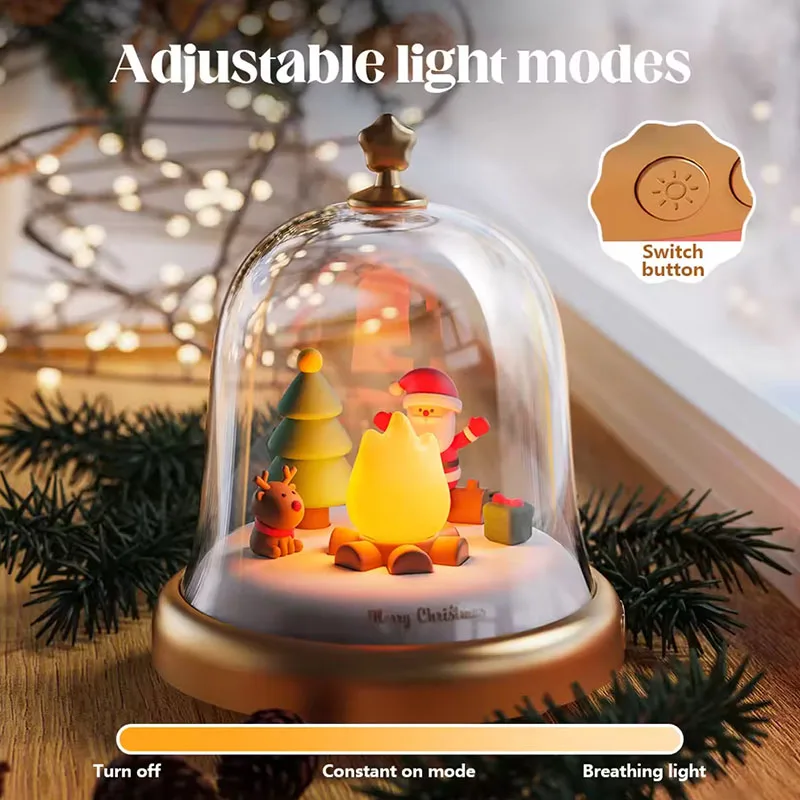 Caja de música navideña recargable con Bluetooth, luz nocturna LED con diseño de campana y llama para decoración de ambiente del hogar, regalos de Navidad para niños