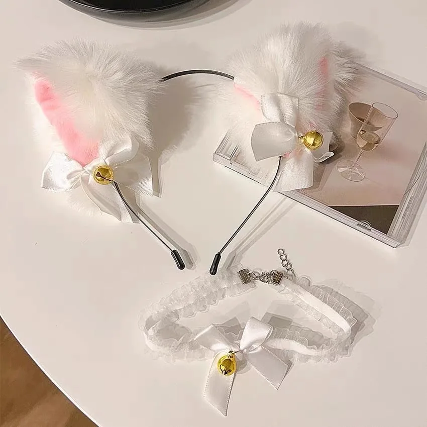 

Animal Ear Headband Choker Set Cat Bunny Hair Clip with Bell Adjustable Hairband Cosplay Accessories Cute Anime Gift for Women