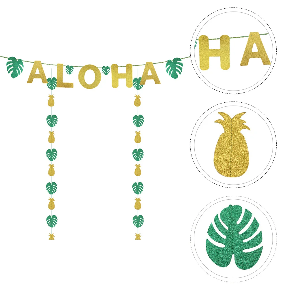 

3pcs Letter Flags High quality Paper Cartoon Patterns Party Hanging Banner Cake Decorations Green Leaf Pineapple Bunting Theme