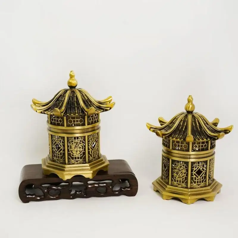 Pure brass incense burner, hollowed-out pavilion incense burner, home living room office incense burner, blue-painted palace lan