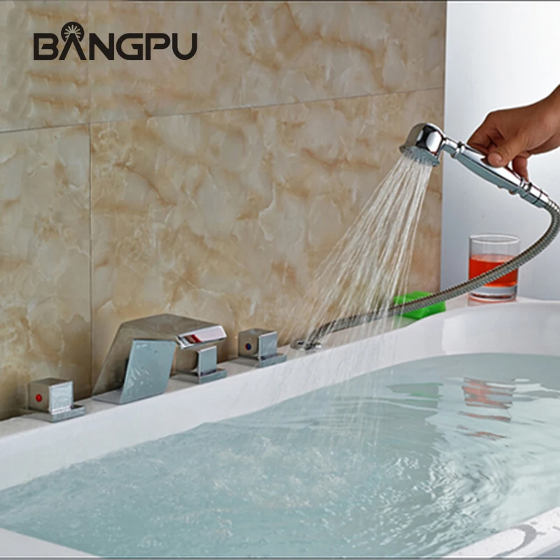 

Waterfall Tub Faucet Set with Sprayer Deck Mounted Bathtub Faucet Set 5 Hole Roman Bath Tub Faucet with Handheld Shower Chrome