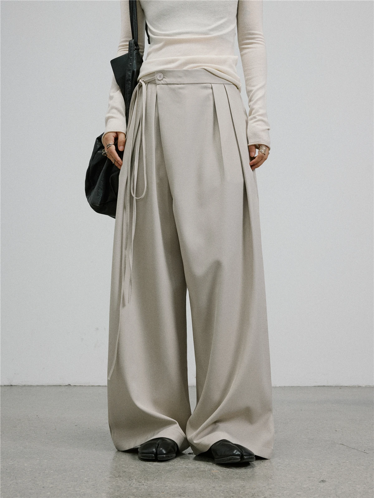 SUNYVONNE  Wide Leg Pants High Waist Sash Lazy Draped Suit Pants Minimalist Style Casual Trousers for Women