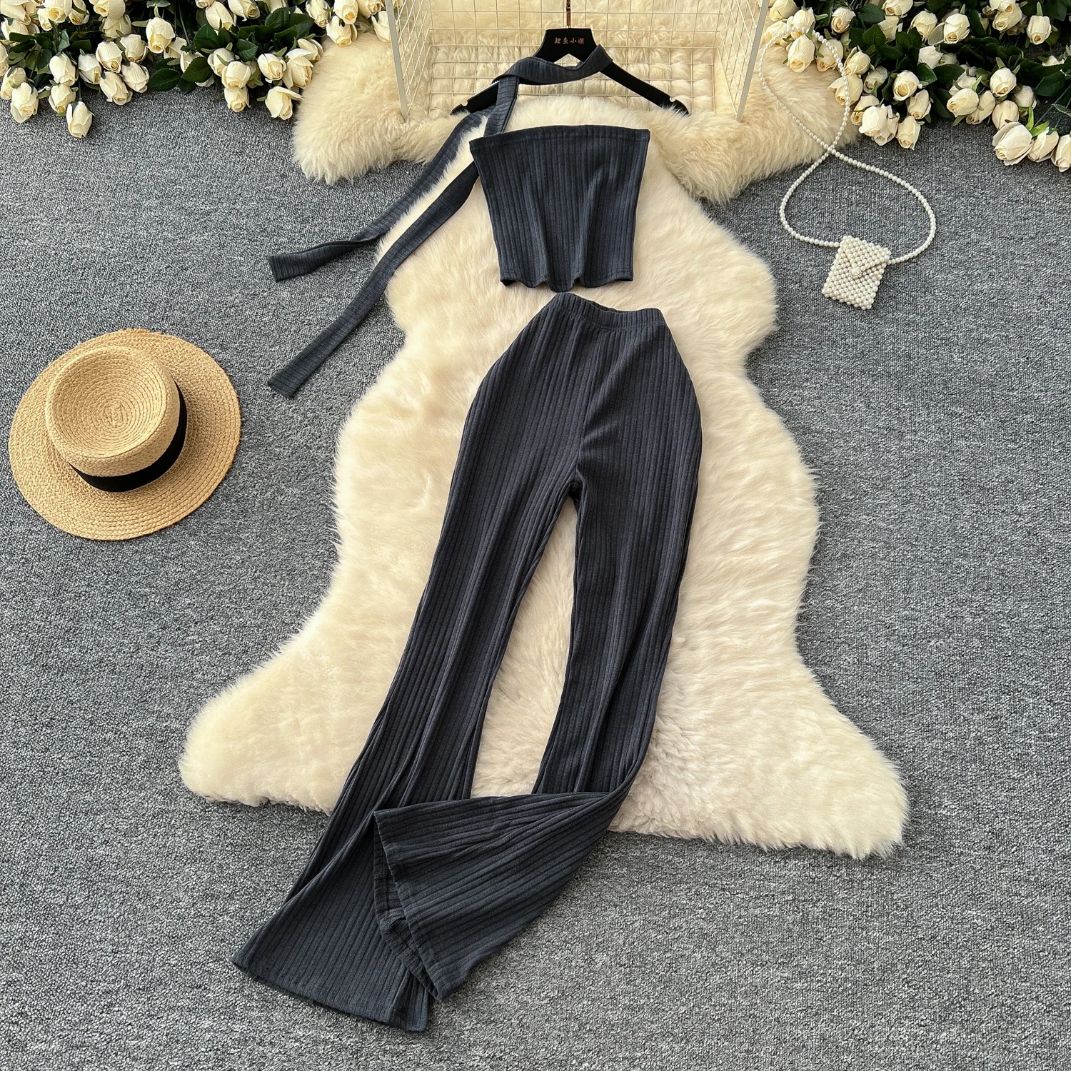 Chic Women Two-Piece Sets Halter Sleeveless Slim Tank Top and High Waist Flare Pants Korean Streetwear Autumn Hotsweet Clothing