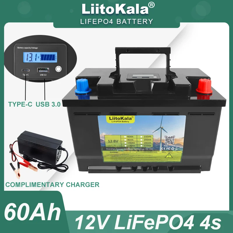 12V 60AH 4s LiFePO4 Battery Lithium Power Batteries 4000 Cycles for 12.8v Inverter Car lighter Solar Wind +14.6V 10A Charger