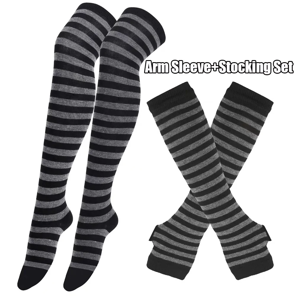 1Set Striped Overknee Socks Arm Sleeve Gloves Warm Thigh High Stockings Long Arm Sleeve Knee High Socks Set Y2k Cosplay Costume