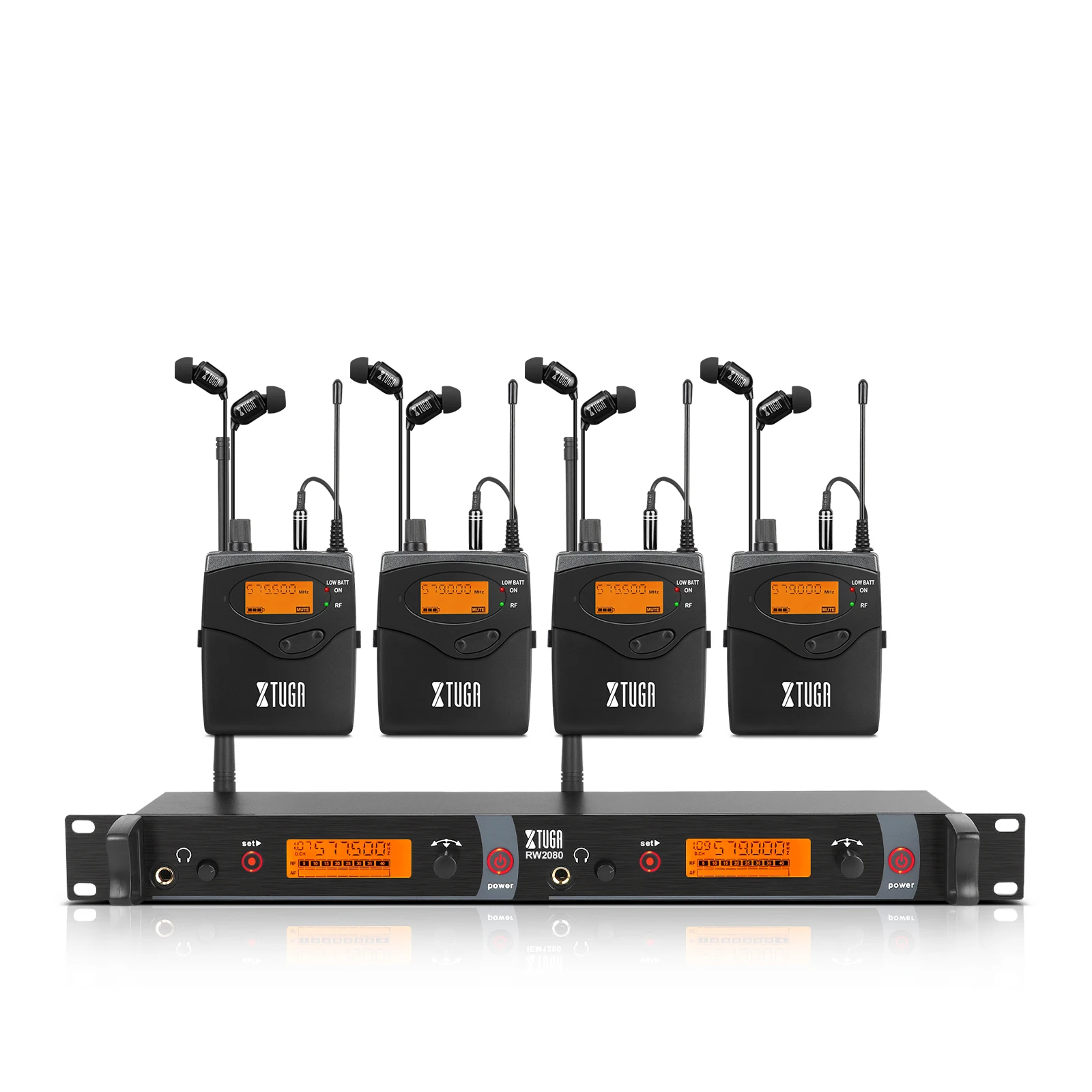 Sistema de monitoreo inalámbrico UHF para oídos, XTUGA RW2080, transmisor de señal de 2 canales, 4 receptores de bolsillo para escenario, banda, estudio de grabación