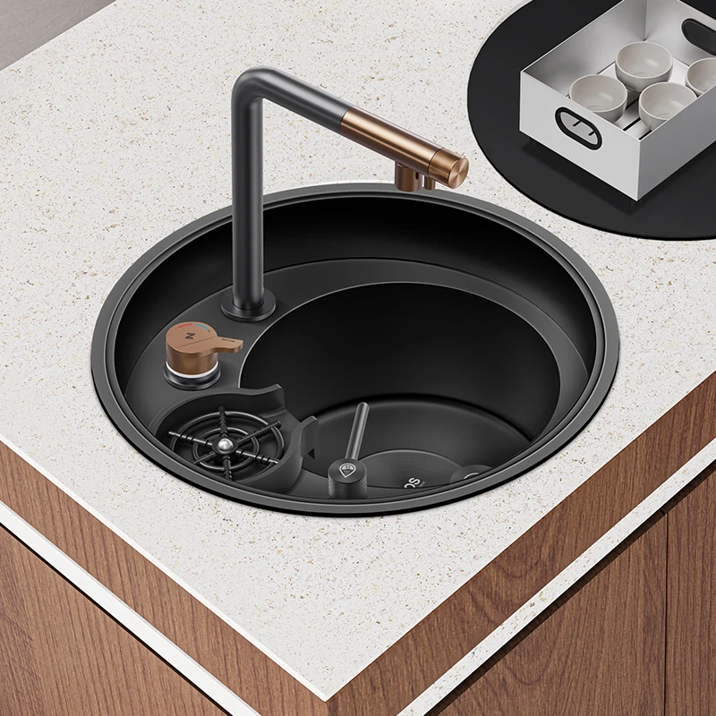 Round sink Kitchen Black bar Island counter Tea room Cup washer Single slot Invisible small round sink