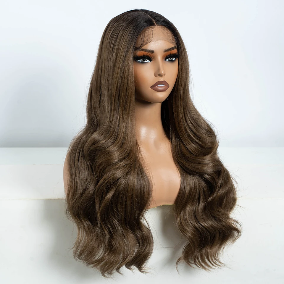 FREEDOM Synthetische Perücken mit Spitze vorne für Damen, lange, gewellte Perücke, 26 Zoll, gewellte Perücke mit Spitze, braun, Ombré, blond, grau, weiß, Cosplay-Perücke. – Detail 3