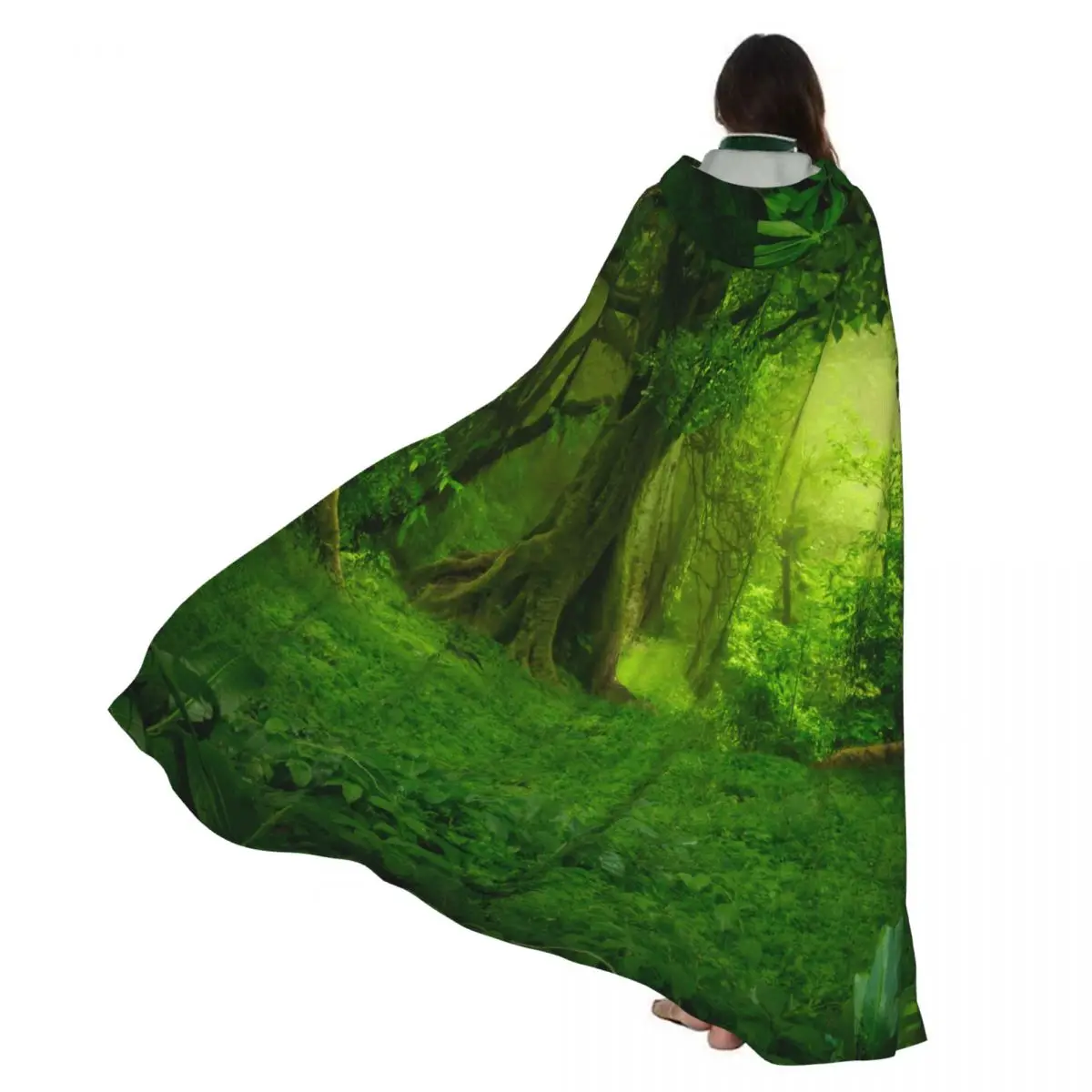 

Adult Halloween Trees Natural Scenery Forest Landscape Cloak Cape Hooded Medieval Costume Full Length Dress Coat