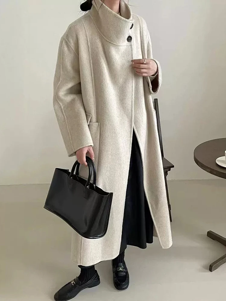 [LANMREM] Solid Color Stand Up Collar Double-sided Woolen Coat For Women Warm And Versatile Clothing Autumn Winter New 26C269