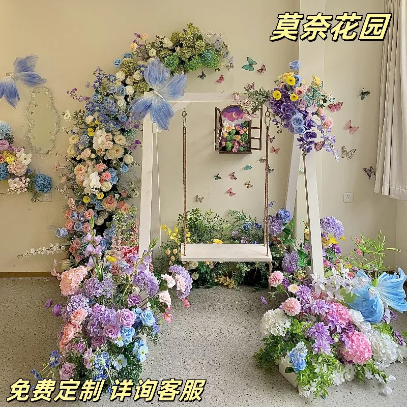 Garden landscaping simulation flower window waterfall wedding layout arch clock in net red store window
