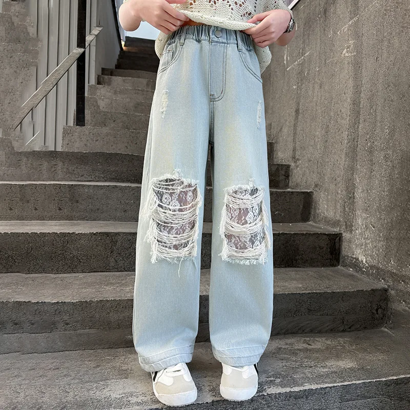 2026 1pc spring Girls cloth top knit sweater t shirt hollow or bottom loose Ripped Straight denim jean pant Kid 4 12 8 10 year