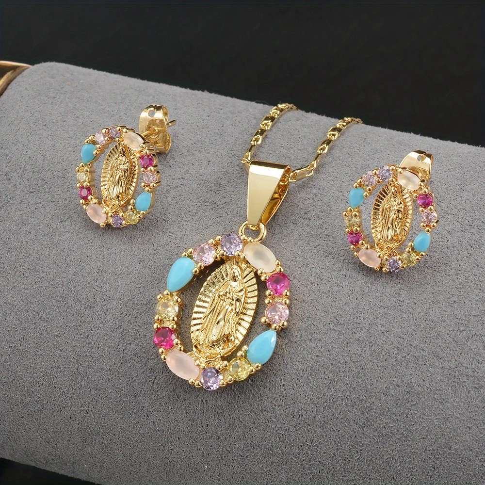 3-Piece Heart-Shaped/Oval Guadalupe Pendant Necklace And EarringsSetGold-Plated ReligiousJewelry WithSparklingRhinestone Accents