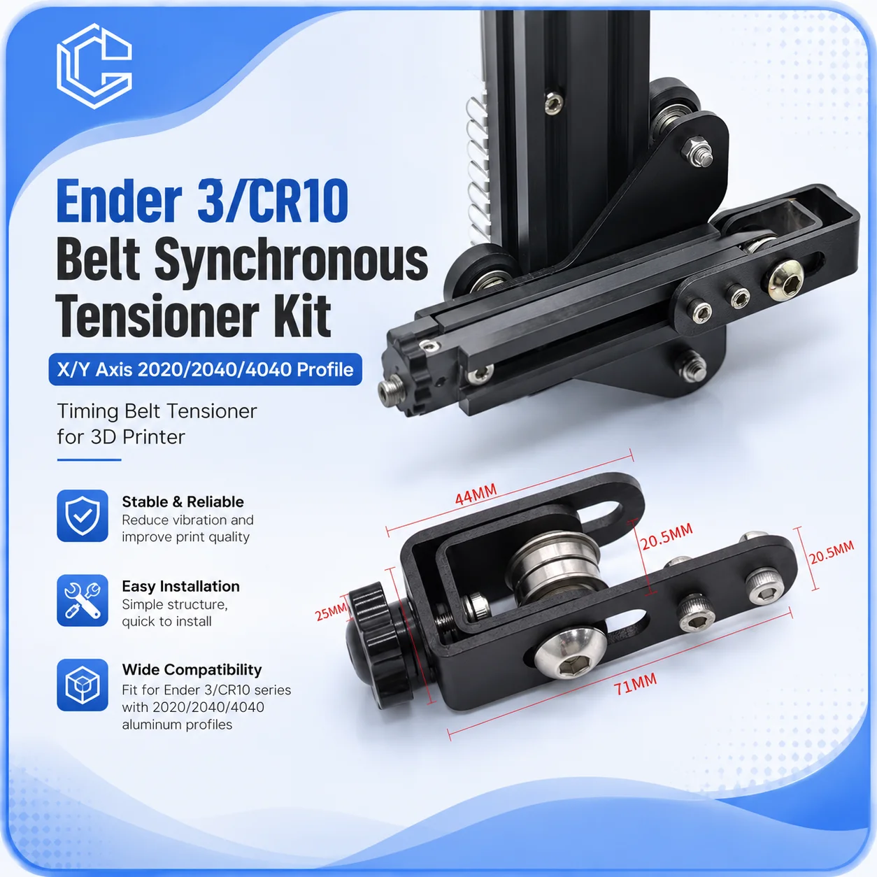Creativity Ender 3/CR10 Belt Synchronous Tensioner Kit - X/Y Axis 2020/2040/4040 Profile Timing Belt Tensioner for 3D Printer