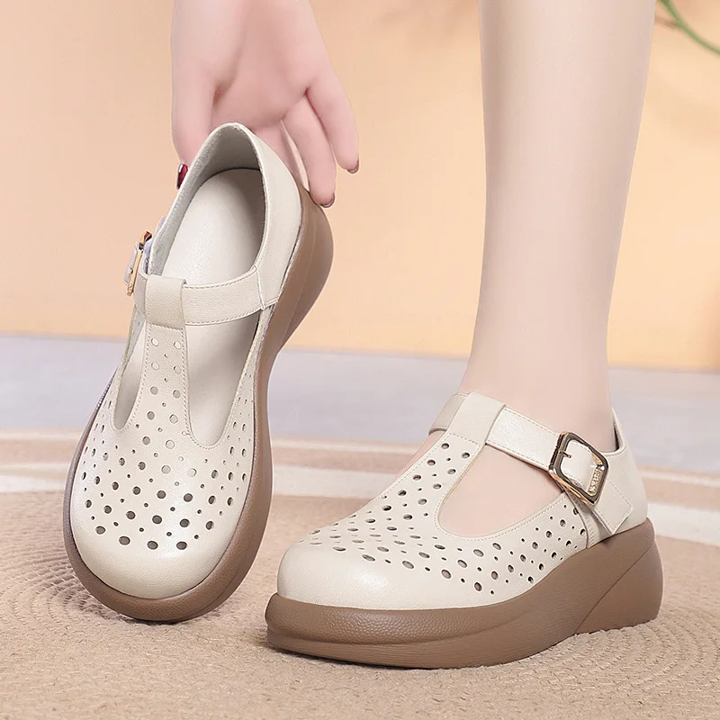 

5cm Breathable Comfortable Cutout Hollow Soft Leather Loafers 2026 Women's Flat Platform Shoes T Buckle Shoes for Office Daily
