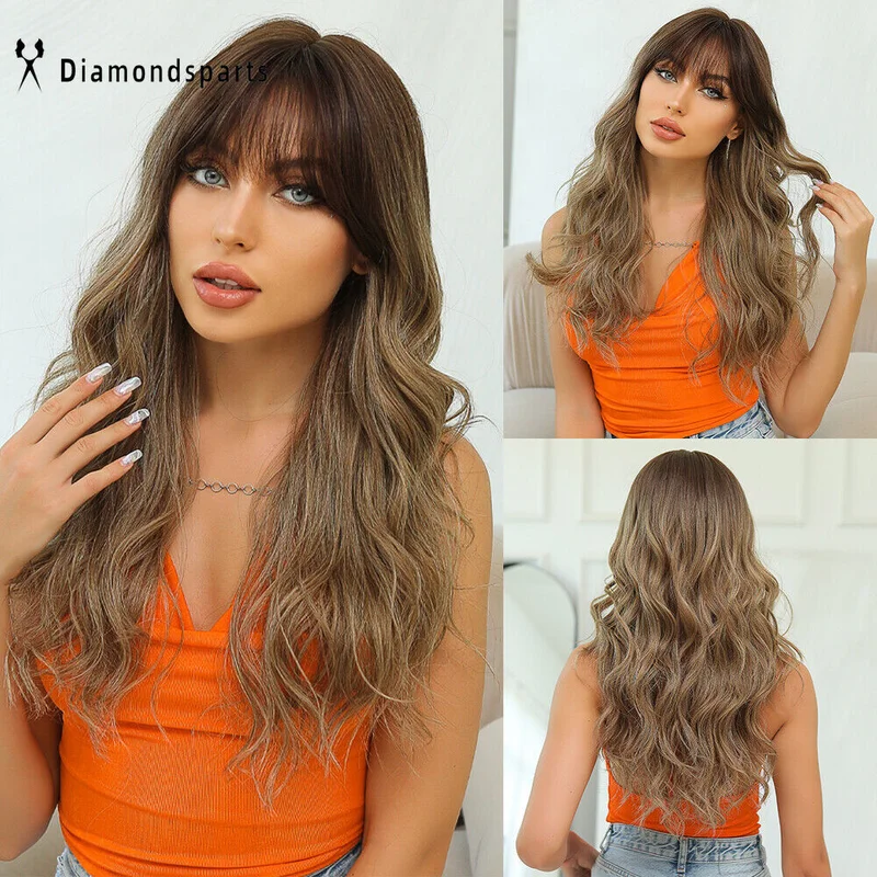 

Длинный волнистый мелированный Ombré темно-коричневый полный парик вьющиеся волосы для косплея женские повседневные