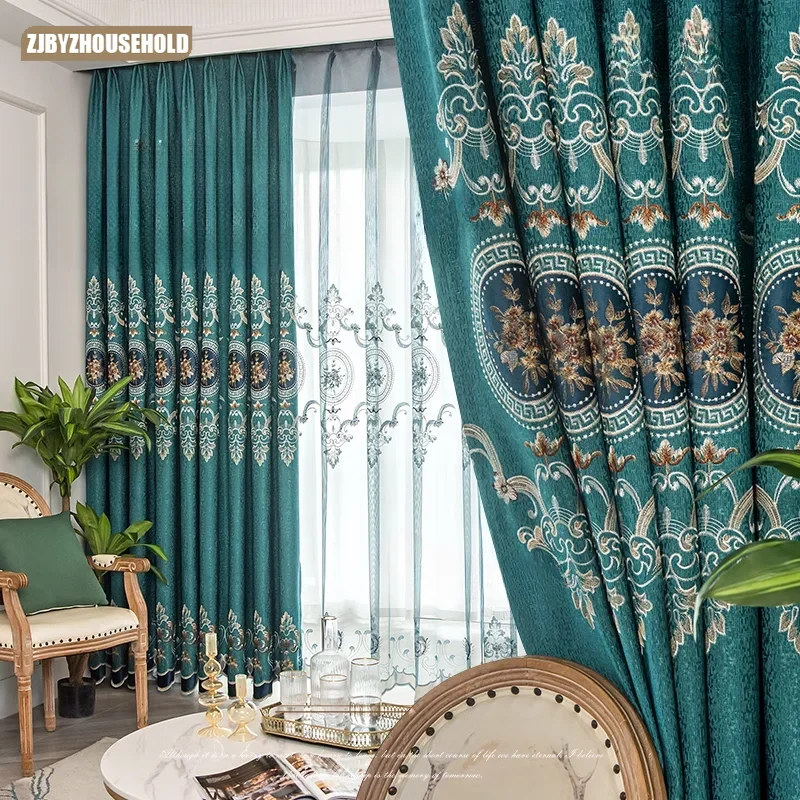 

Golden European-style High-grade Embroidery Curtains for Living Dining Room Bedroom Blackout New Finished Light Luxury Chenille