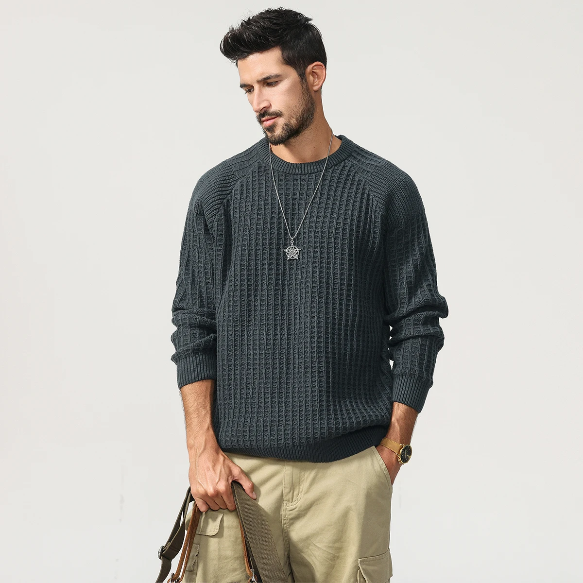 Retro American Style Waffle Knit Sweater - 2025 Autumn Winter Men's Loose Relaxed Fit Pullovers High Quality Plus Size 4XL
