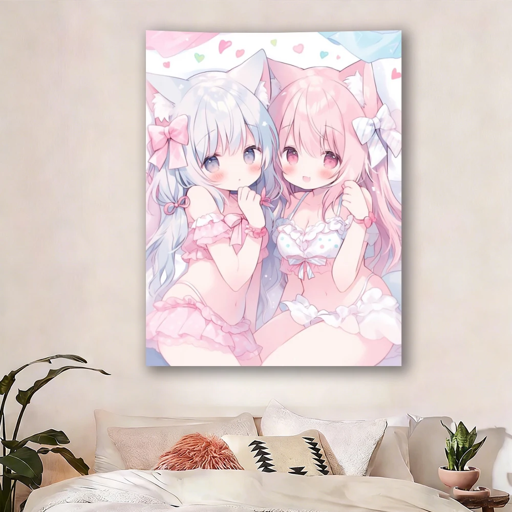 Cute Pink 2D Galgame Tapestry - Wall Hanging for Bedroom Dorm, 2D Character Anime Home Decor
