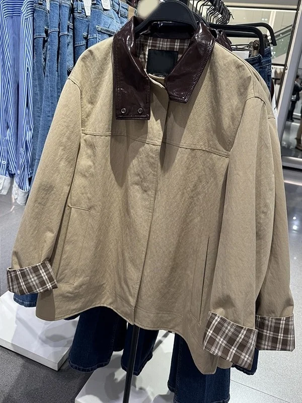 

Spring New Arrival Women's Casual Loose Color Blo High Collar Plaid Jaet Sle Coat URCACHE Commute Sle Loose Fit Long ...