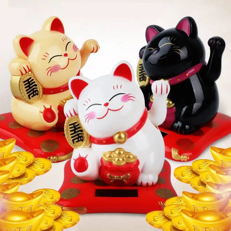 Solar Energy Lucky Cat Statue Mini Waving Cat Automotive Ornaments Suitable for Office Store Car Decoration Statue Home Supplies