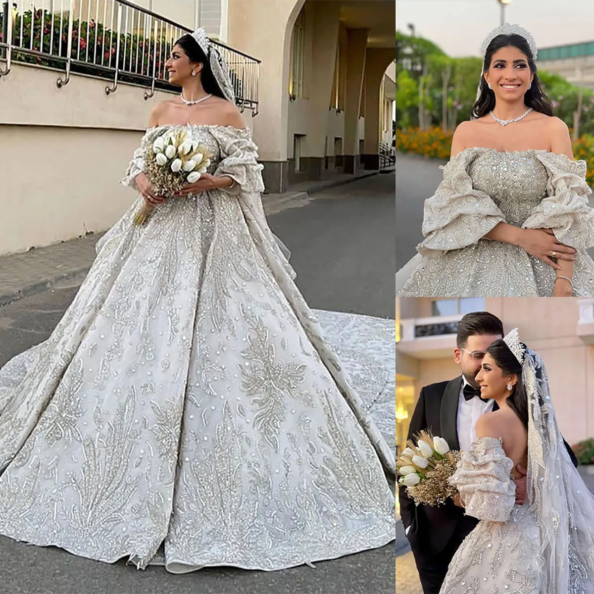 Full Crystal Princess Ball Gown Wedding Dress Beads Off Shoulder 3D Flowers Short Sleeve Sequins Bridal Gowns Bride robes Custom