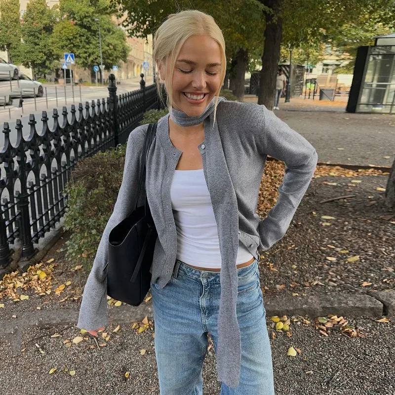 Tuularose femmes gris Cardigan mode solide écharpe décontractée mince simple bouton chandails haut nouveau basique bureau dame vêtements d'extérieur pour femmes