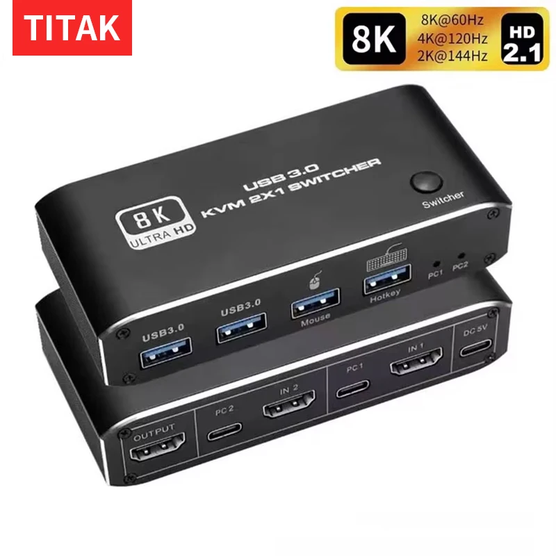 8K HDMI 2.1 KVM Switch Splitter 4K USB 3.0 KVM switcher USB 2 in 1 out Switcher For computer monitor Keyboard EDID HDCP 2.3