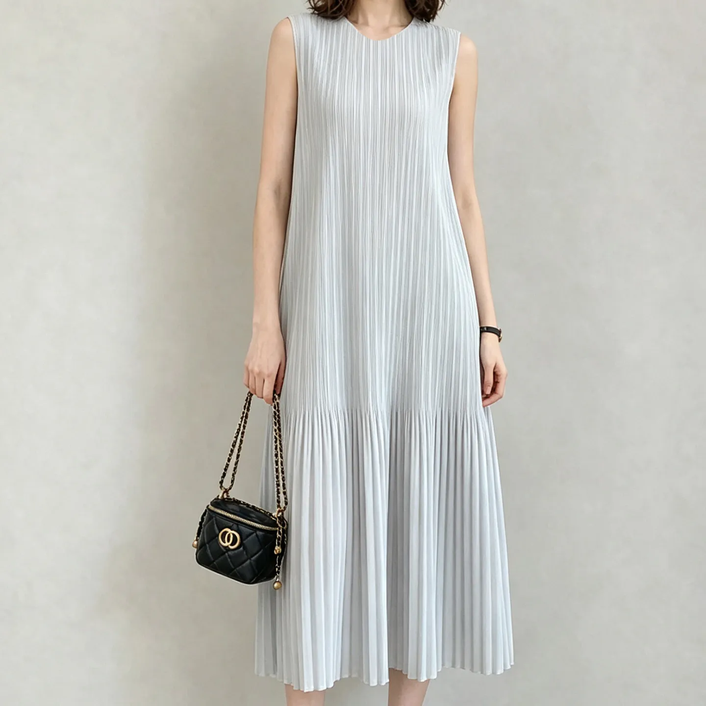 Miyake Plissee-Kleid Damen Ärmelloses Midi-Kleid Strukturiert Locker Sitzend Elegant Lässig Sommer Mode Minimalistischer Stil Schickes Fit – Detail 9
