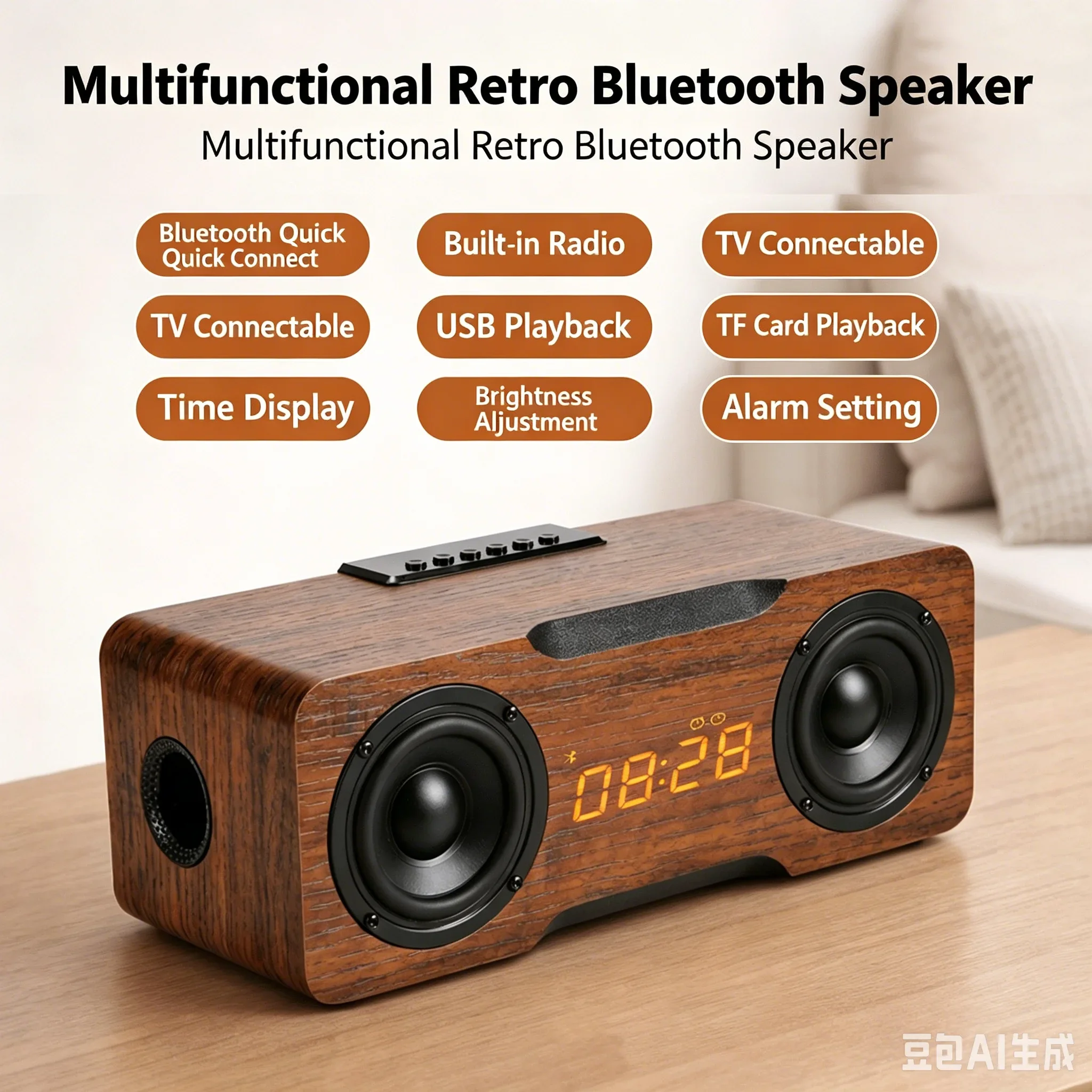 Retro Wooden Decor Bluetooth Speaker Digital Clock FM Radio Wireless Audio Player For Bedroom Desktop Home Gift Stereo Subwoofer