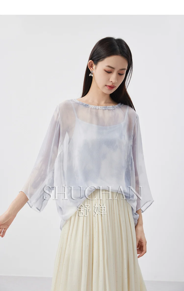 

Tie Dye High Quality Design 2024 Batwing Sleeve Blouse Women Blusas Mujer Natural Silk Womens Tops