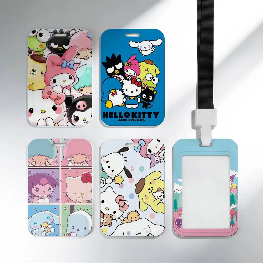 Funda protectora de tarjetas con diseño de dibujos animados de Hello Kitty y sus amigos (Kuromi), para tarjetas de acceso escolar, de identificación, de autobús y de comedor, con sistema de empuje fácil, ideal como regalo.