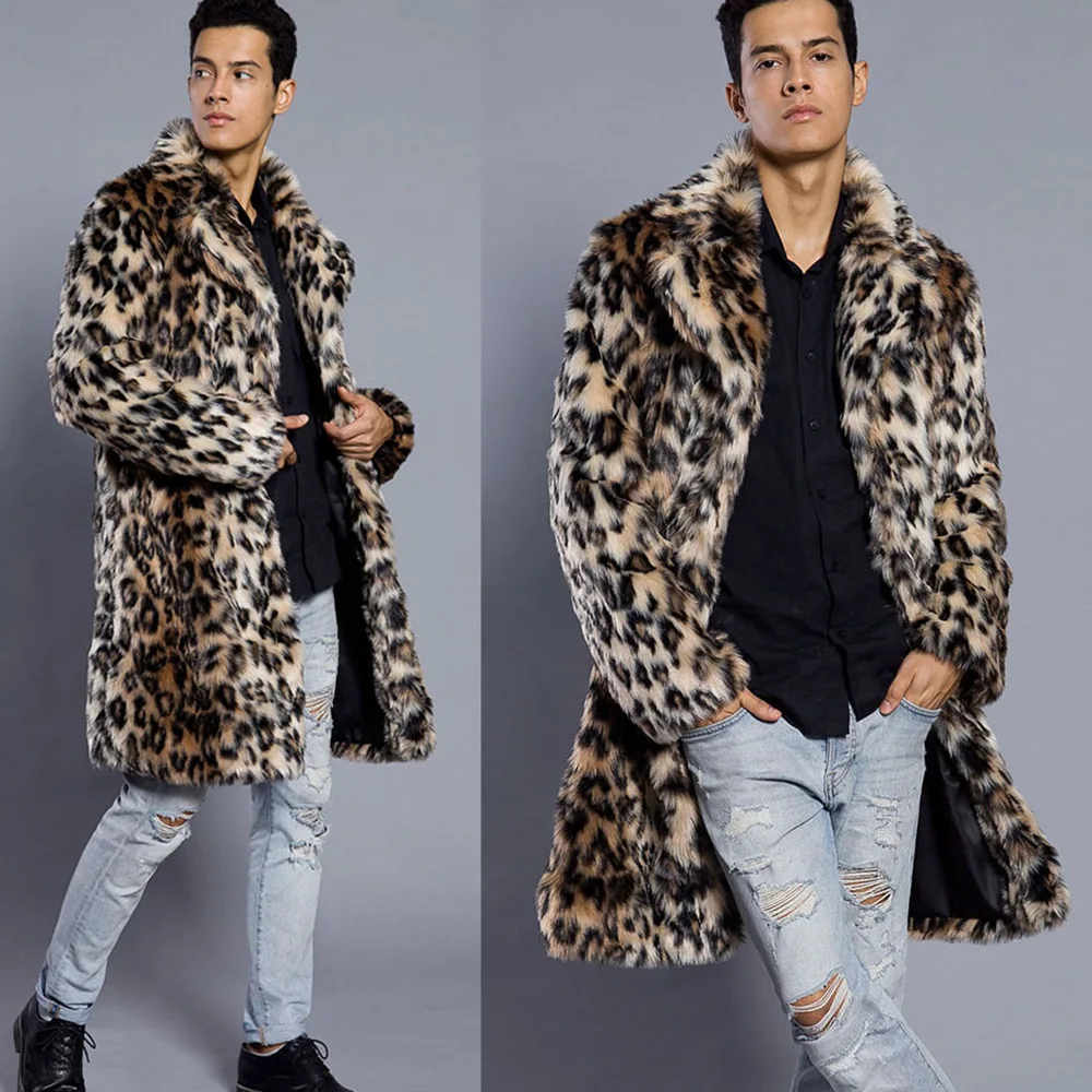 Men's Leopard Casual Trendy Loose Turn-down Collar Long Sleeve Faux Coats American European 2025 Autumn Winter Male Clothes Tops