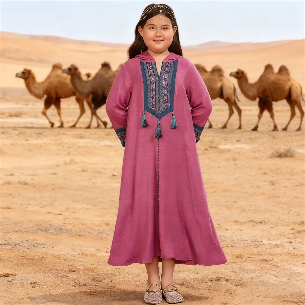 

Марокканское длинное платье с капюшоном для девочек, детское мусульманское платье Ид Джеллаба, Абая, Дубай, кафтан с вышивкой, исламская одежда, халат с кисточками, Джалабия