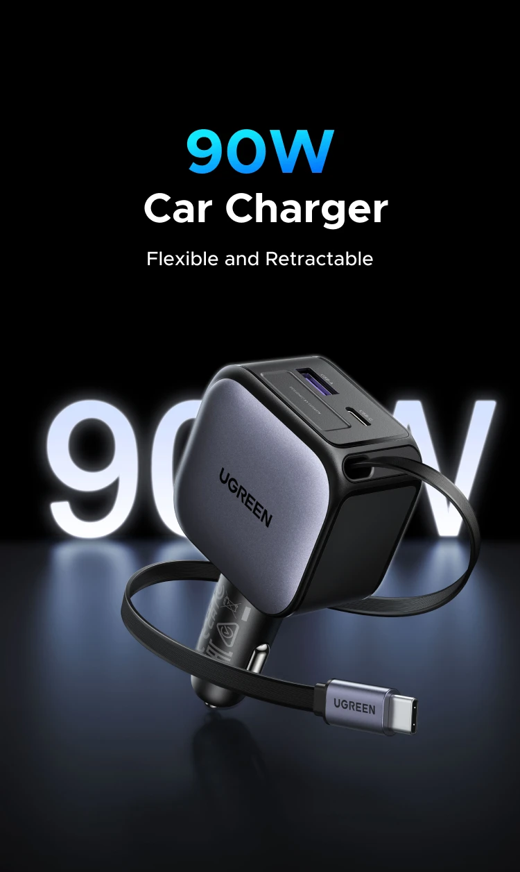 UGREEN 145W 90W 60W Car Charger 3 USB-C & 1 USB-A Ports PD QC4.0 Fast Charging with Retractable Cable for iPhone 18 17 MacBook