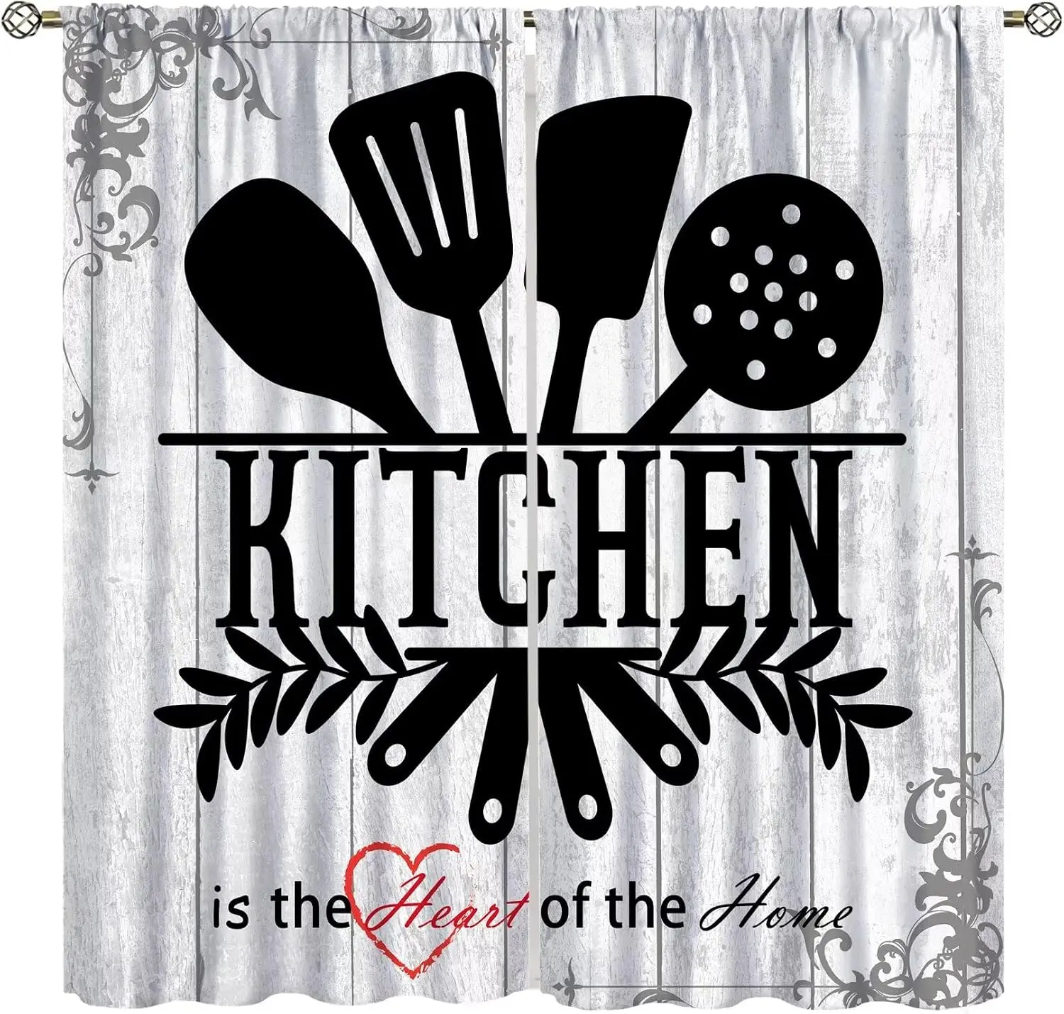 Kitchen Utensil Quote Curtain 2 Panels, Wooden Plank Red Heart Rustic Kitchen Decor Print, Drapes for Cozy Kitchen Curtain