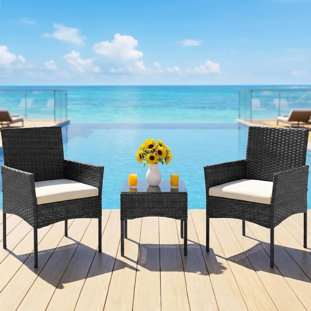 3-Piece Outdoor Wicker Patio Furniture Set with Cushions and Glass Table for Porch, Balcony, Lawn, Backyard