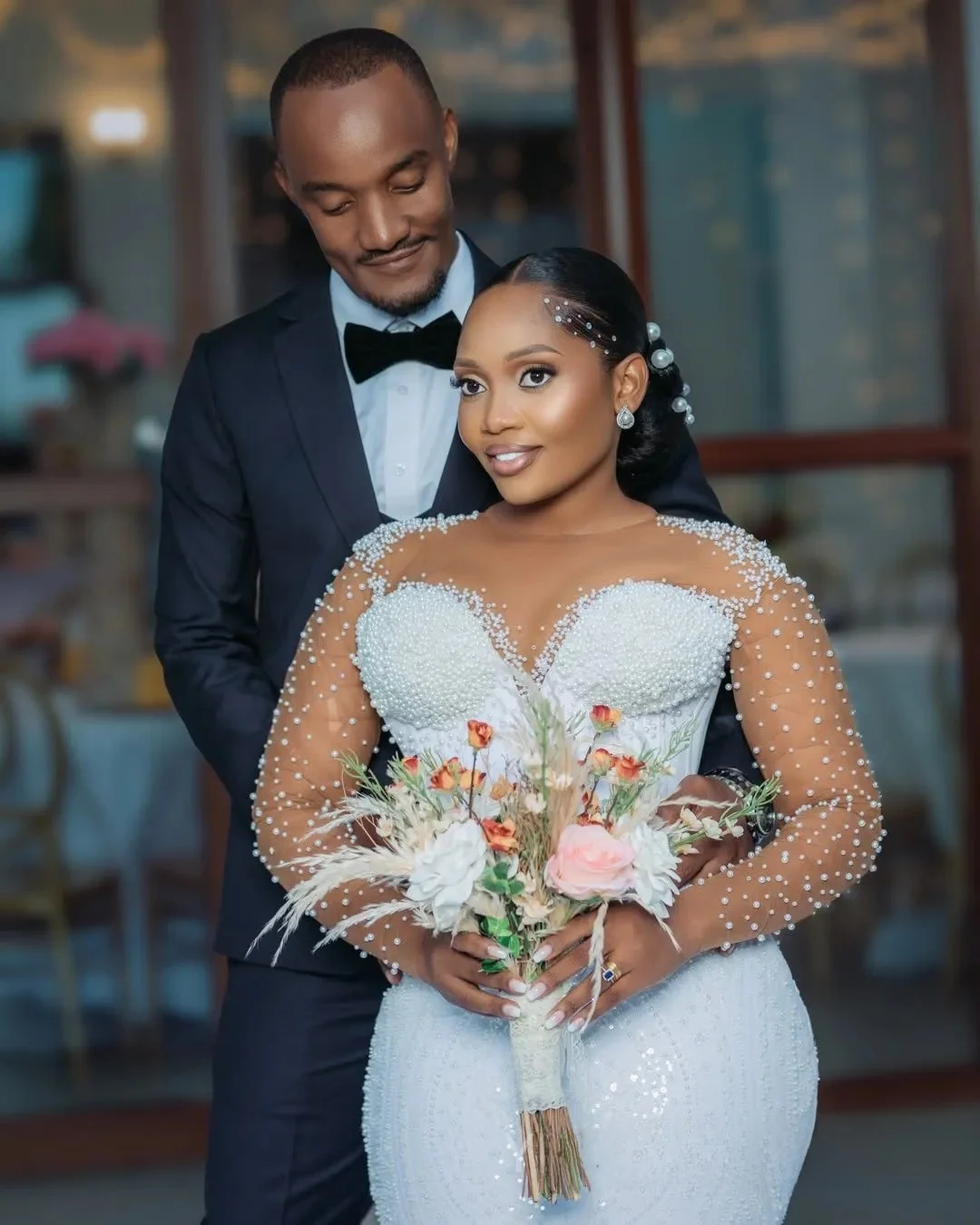 Customized Wedding Dresses Bridal Gowns For Bride Mermaid Marriage Dress Sheer Neck Long Sleeves Beaded Lace