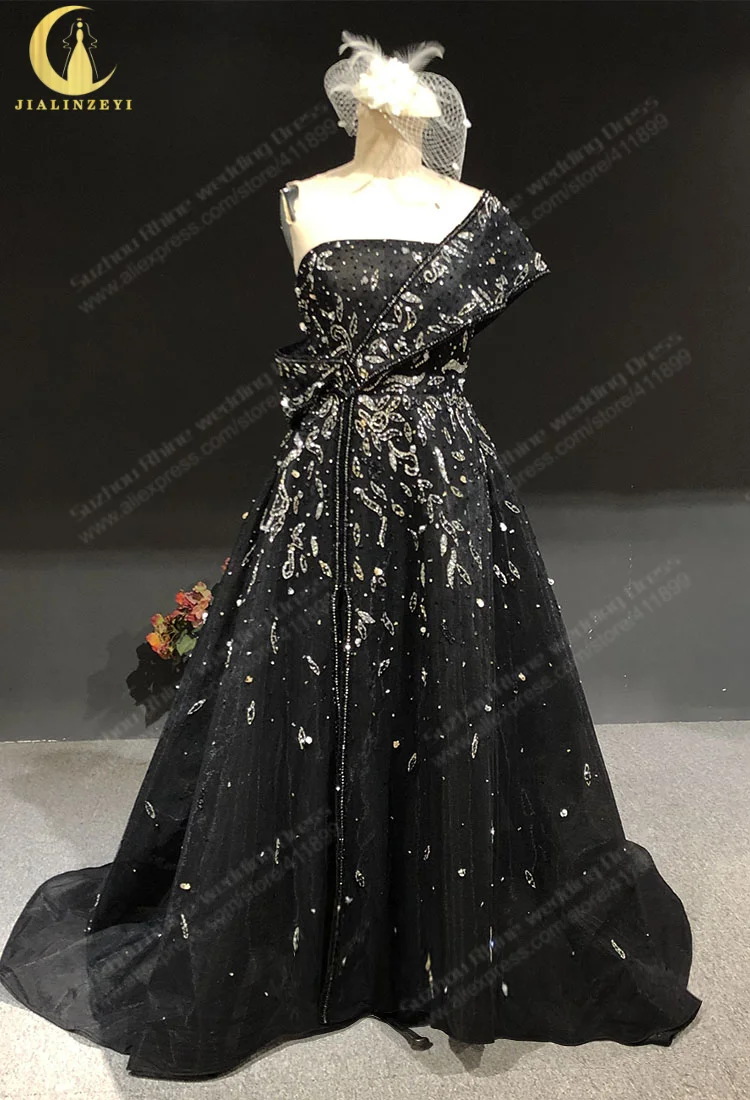 3043 Real Luxurious Plus Size Black Beaded Crystal   فساتين السهرة robes de soirée femme vestidos de noche Evening dress