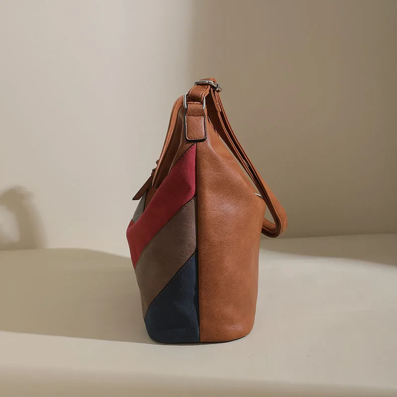 Color block stitching women\'s new fashion PU handbag shoulder bag crossbody bag large capacity bucket bag tote bag