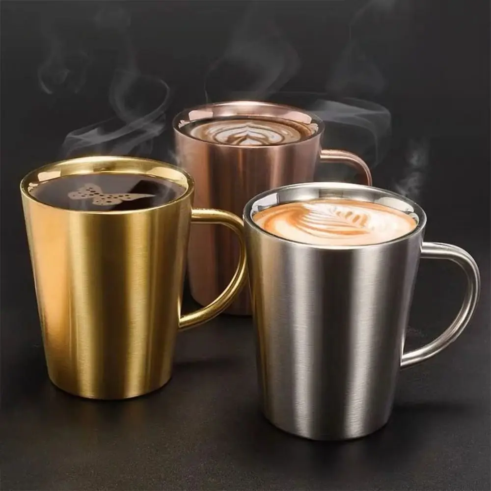 300ml Double-Layer Water Cup Home Dining Drinkware Mugs 304 Stainless Steel Beer Cup Gold Sliver Coffee Mugs With Handle