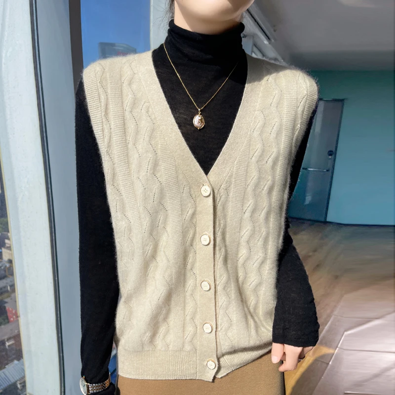 100% Pure Wool Fashion Twisted Women's V-Neck Sleeveless Knitted Cardigan Autumn and Winter New Loose Casual Cashmere Vest Wear